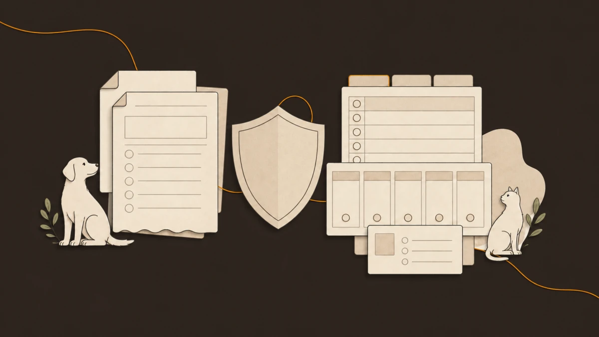 Illustration of insurance documents, fact cards and a shield