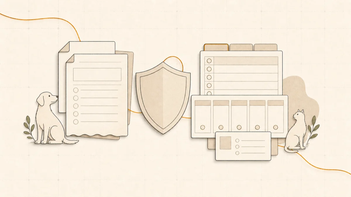Illustration of insurance documents, fact cards and a shield