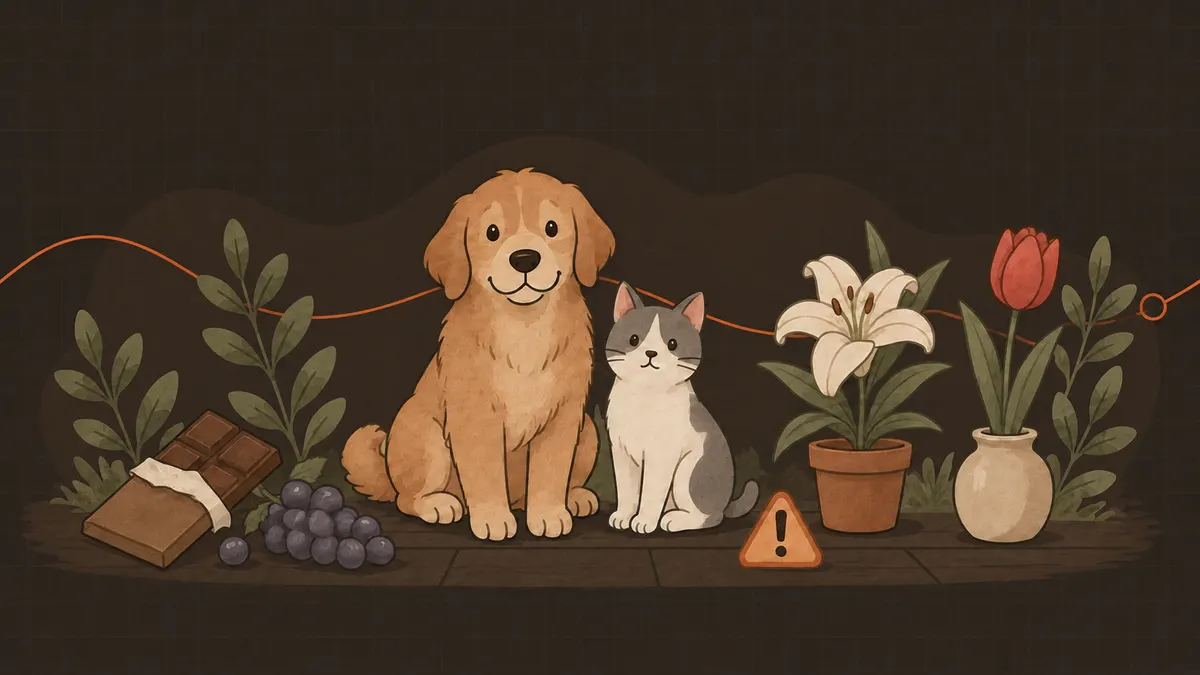 En hund og en katt sitter rolig mellom en sjokoladeplate, druer, en lilje i potte, en tulipan og et lite varselsymbol.