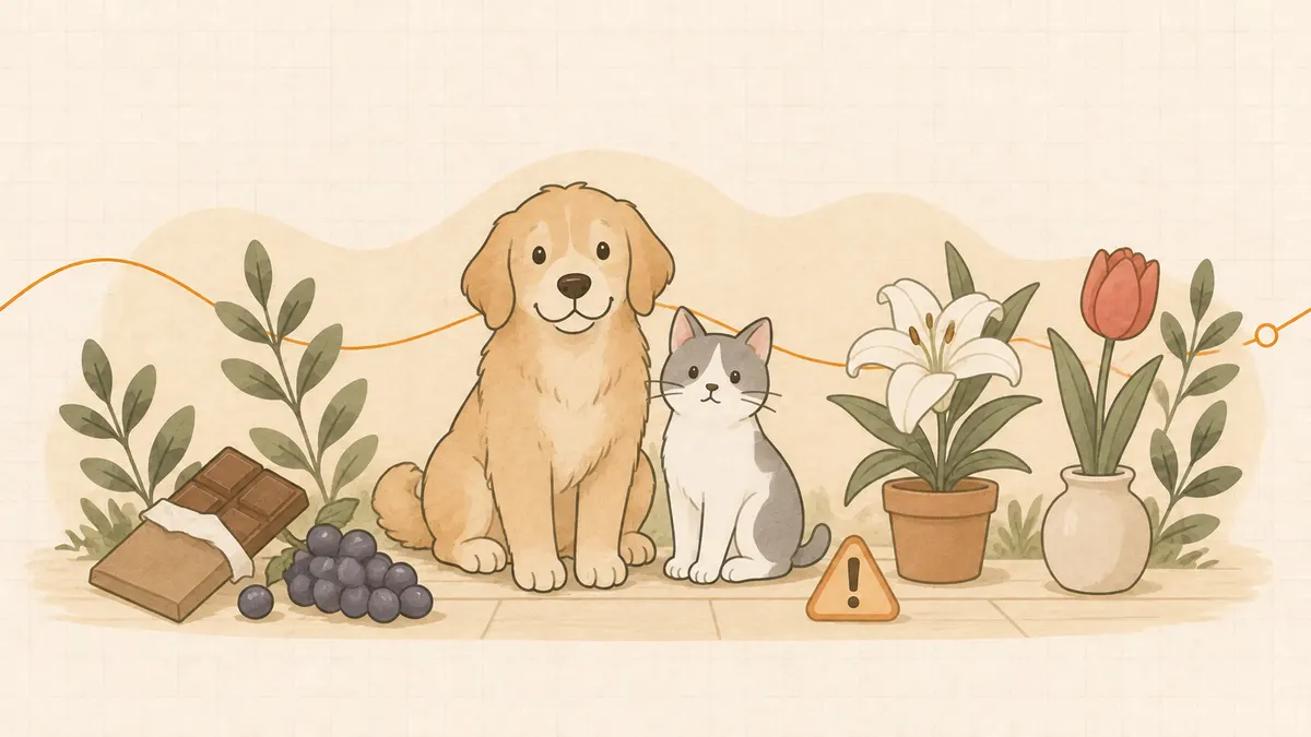 En hund og en katt sitter rolig mellom en sjokoladeplate, druer, en lilje i potte, en tulipan og et lite varselsymbol.