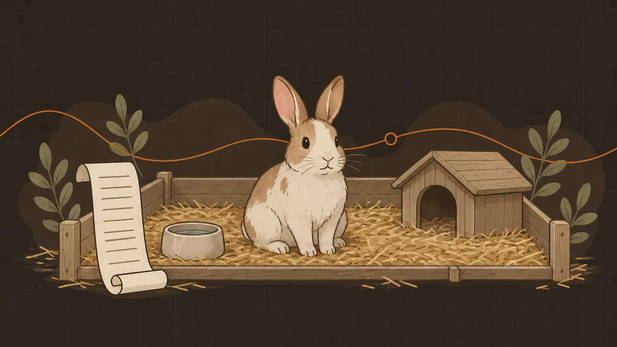 A rabbit sits in a roomy pen with hay, next to a water bowl, a small wooden hutch and a long receipt.