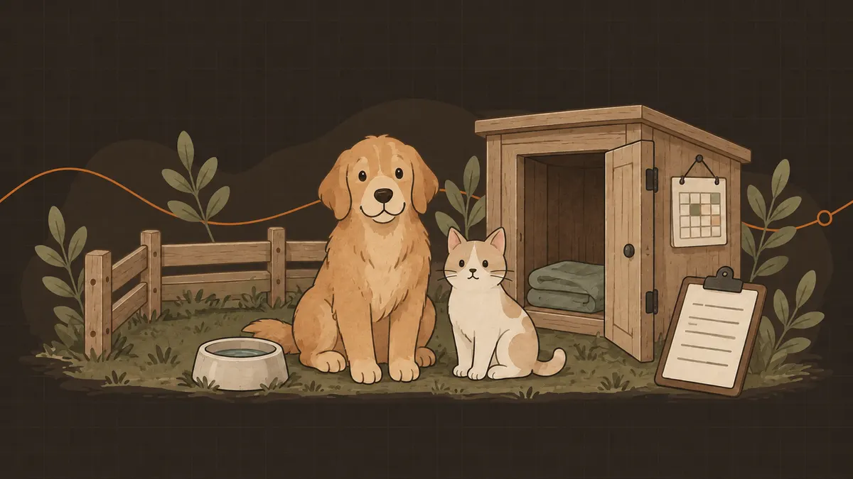 En hund og en katt sitter side om side ved en luftegård med gjerde og et trebur med åpen dør og pledd, med matskål, kalender og avtaleark.