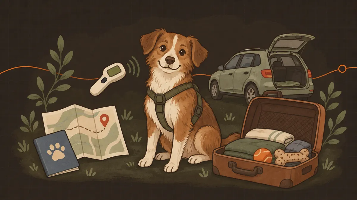 En hund i sele sitter ved en åpen koffert og en bil med åpen bakluke, med kjæledyrpass, kart med rute og en chipleser.