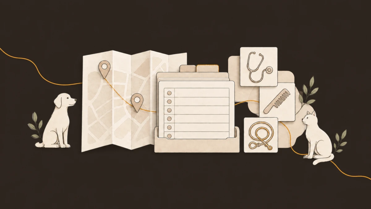Illustration of a map, veterinary care and services for pets