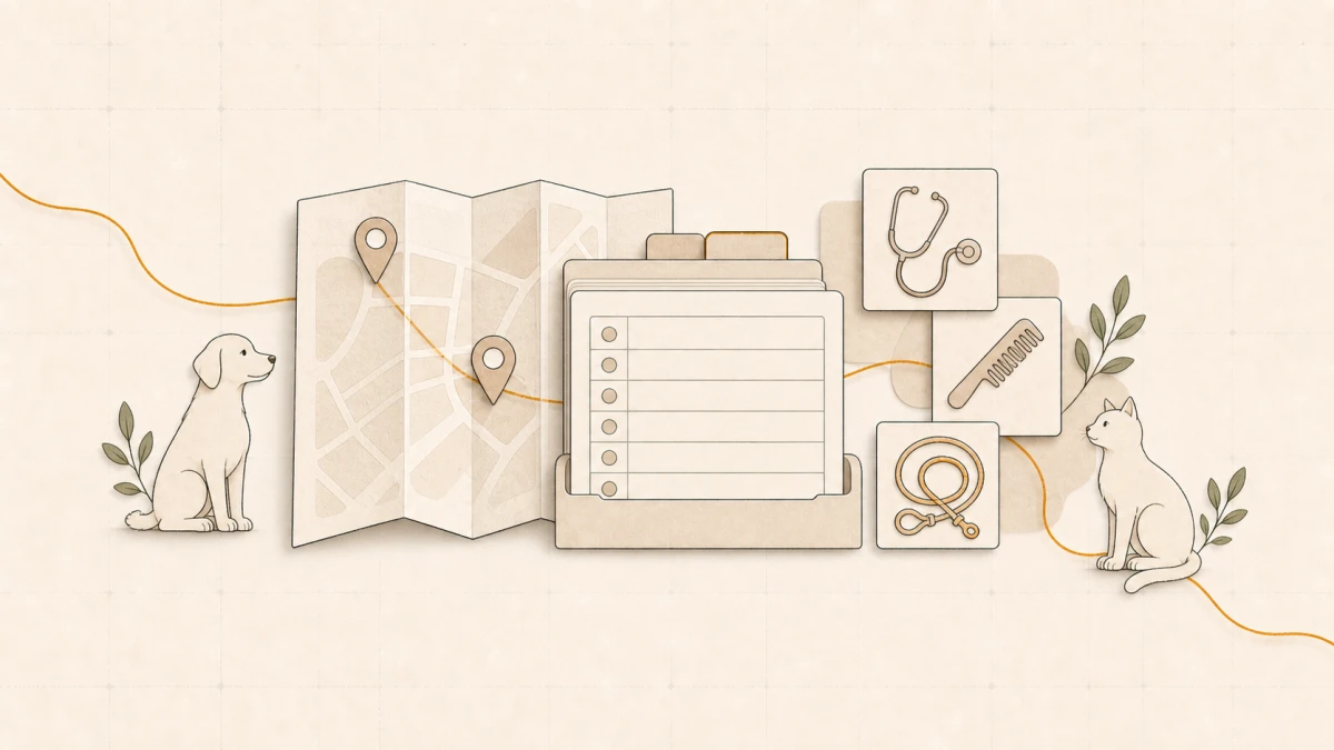 Illustration of a map, veterinary care and services for pets
