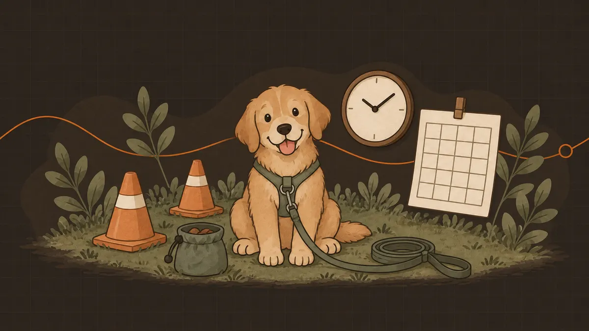 A puppy in a harness sits on the grass between training cones and a treat pouch, with a lead on the ground, a clock and a weekly schedule.